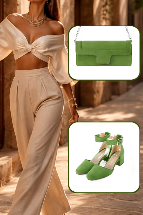 Dress heels closed-back ankle strap in grass green leather with low flare heels and round toe - Worn view